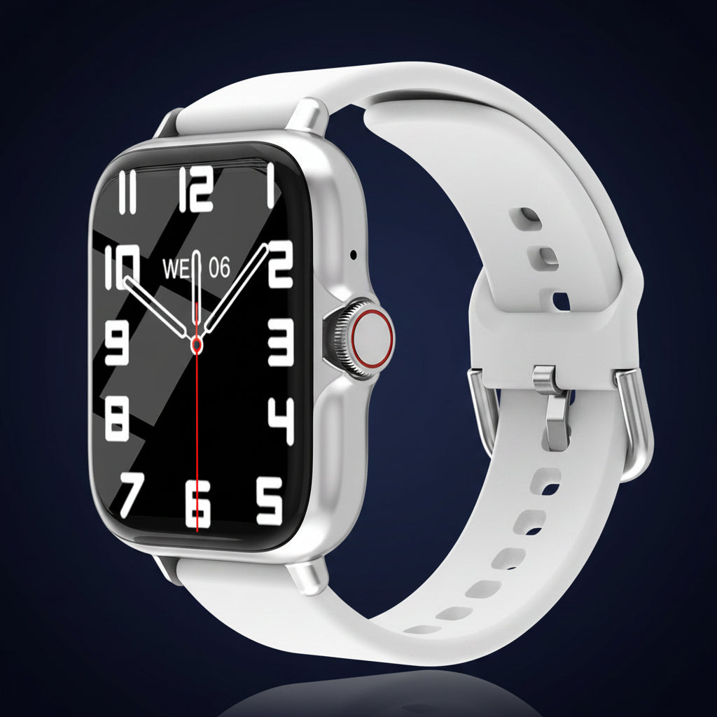 Smartwatch with a white band on a dark blue background