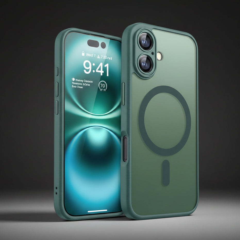 A green protective phone case shown from both the front and back. The front view shows a smartphone inside the case with its screen on, displaying a blue and teal lock screen wallpaper.