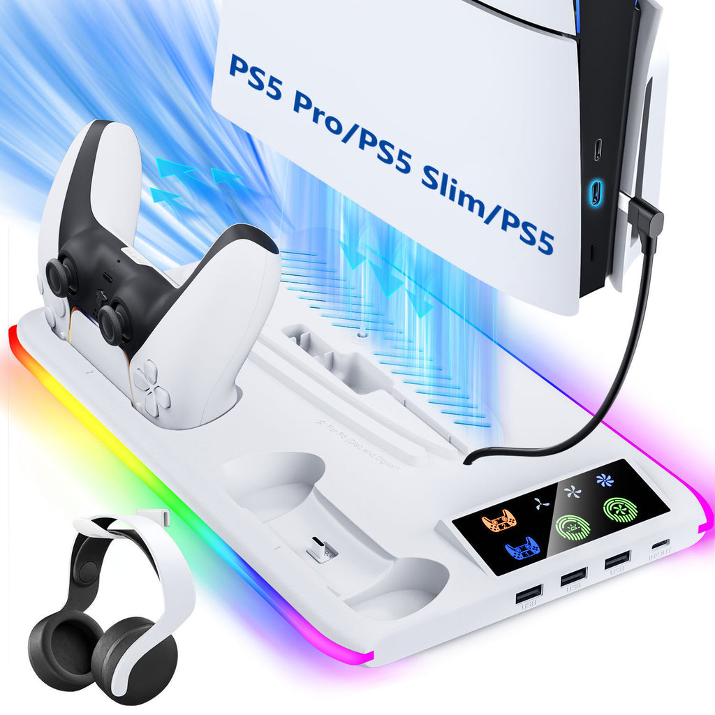 Gaming console with controllers and charging station on a white background