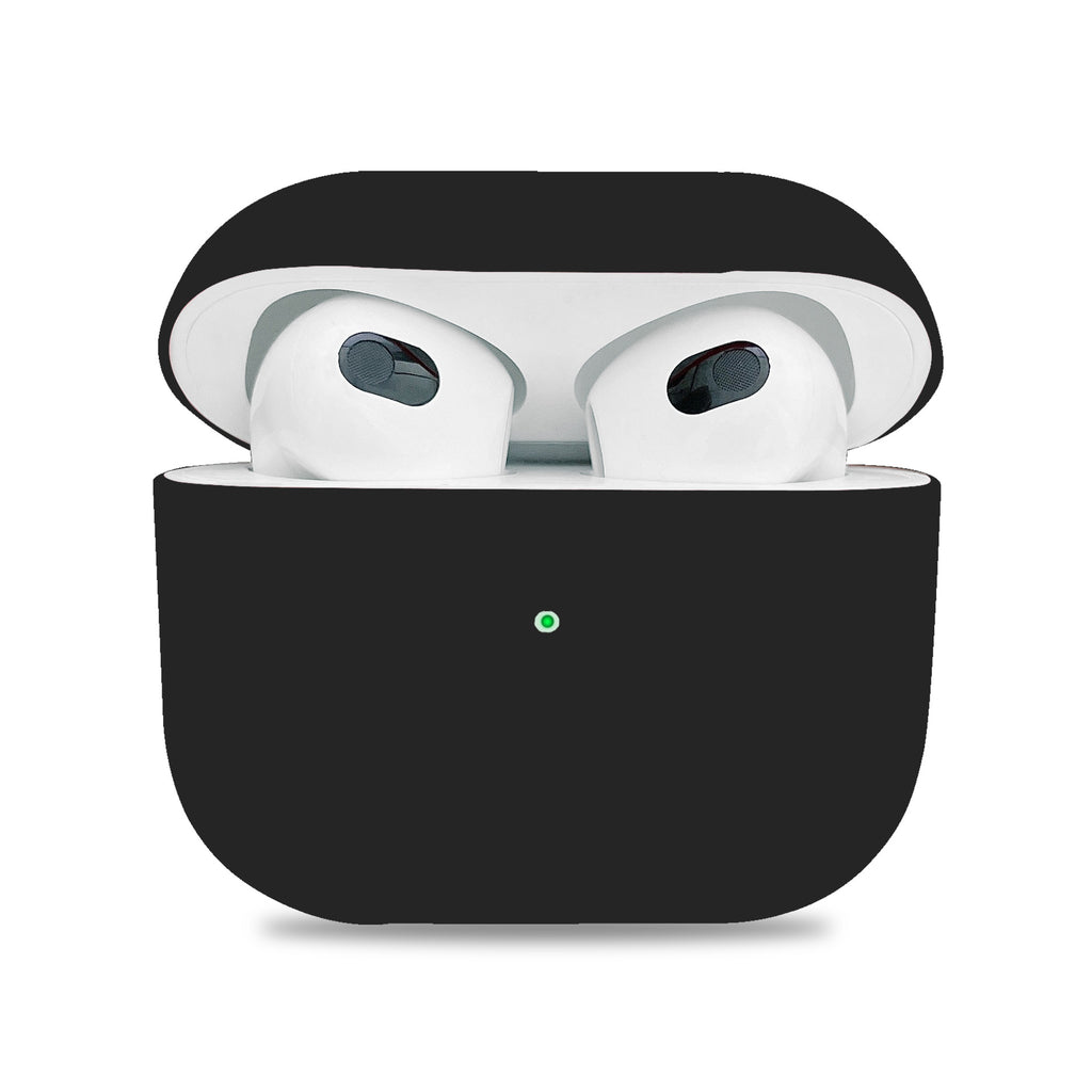 Wireless earbuds in a black charging case on a white background