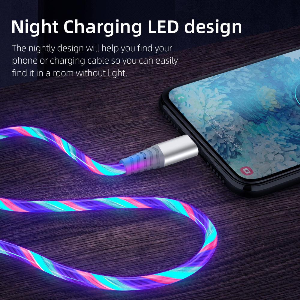 Glowing LED charging cable next to a smartphone on a dark surface with text about night charging design.