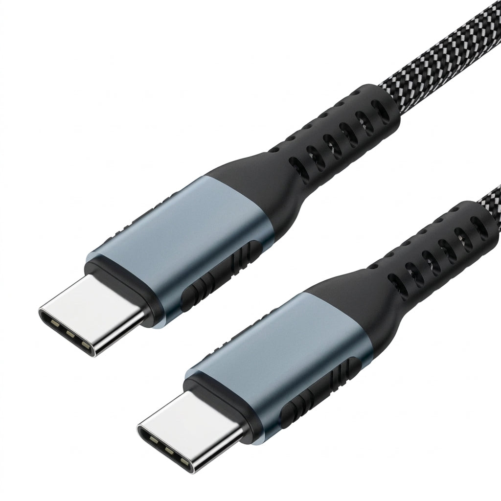 Close up view of metallic USB C connectors on a braided fast charging cable