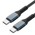 Close up view of metallic USB C connectors on a braided fast charging cable