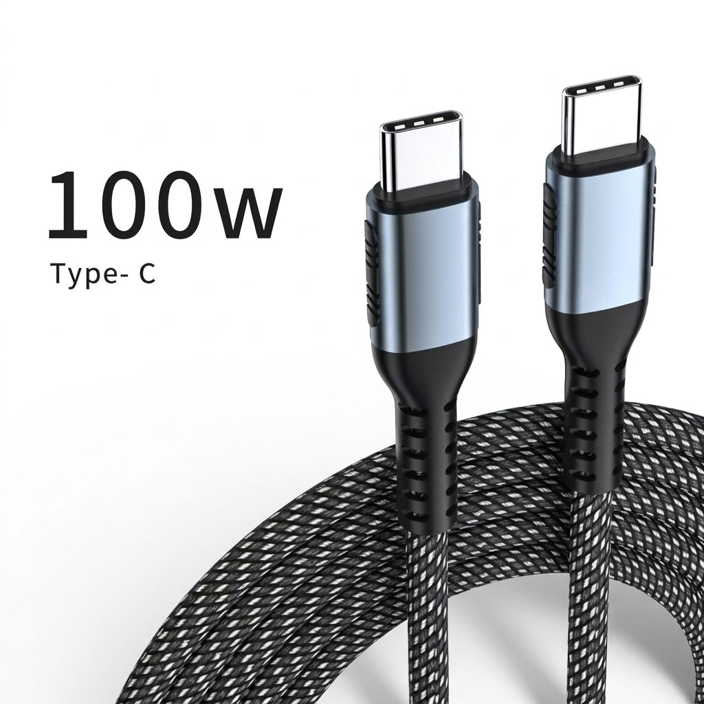 A 100W braided USB-C to USB-C fast charging cable with metallic connector heads