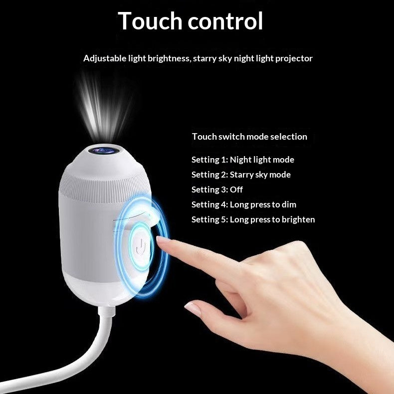 Touch control light projector with hand interacting, black background