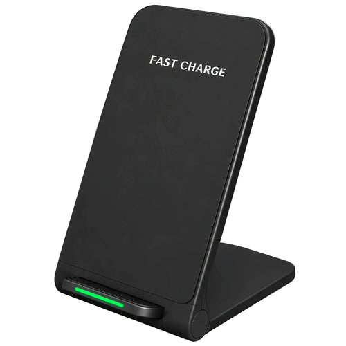 Black 15W foldable wireless fast charging stand with LED indicator light