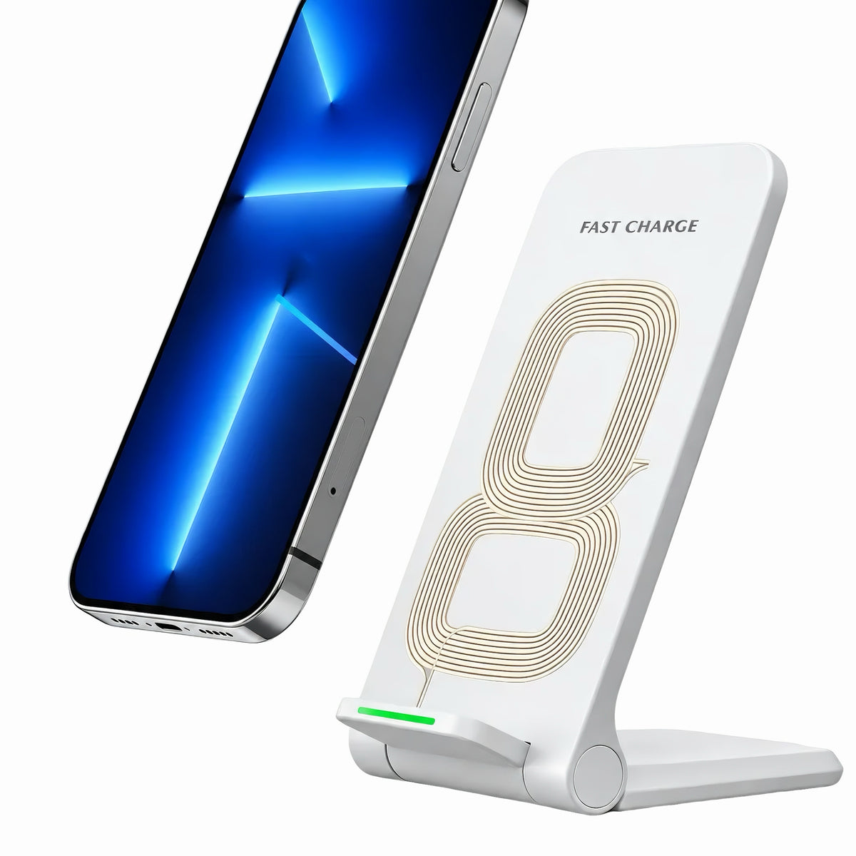 White 15W foldable wireless charging stand showing dual coil layout alongside a smartphone