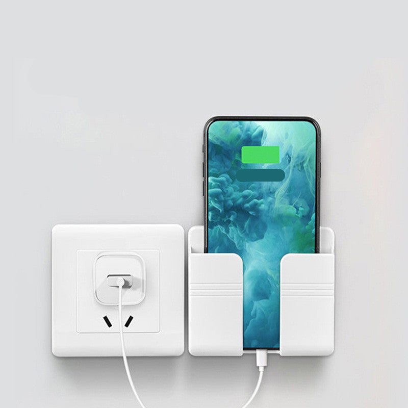 Ivory white phone holder with smartphone and power adapter on a light gray background