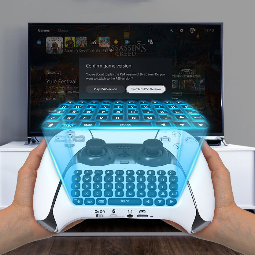 Hands holding a transparent keyboard and controller in front of a TV displaying a gaming interface.