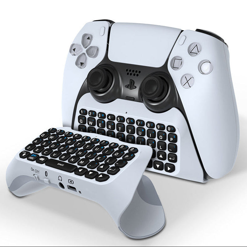 White gaming controller with keyboard attachment on a white background