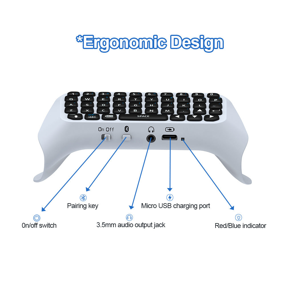 Ergonomic keyboard with labeled features on a white background