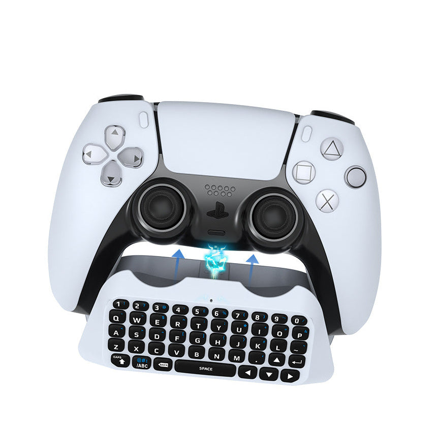 White gaming controller with built-in keyboard on a white background