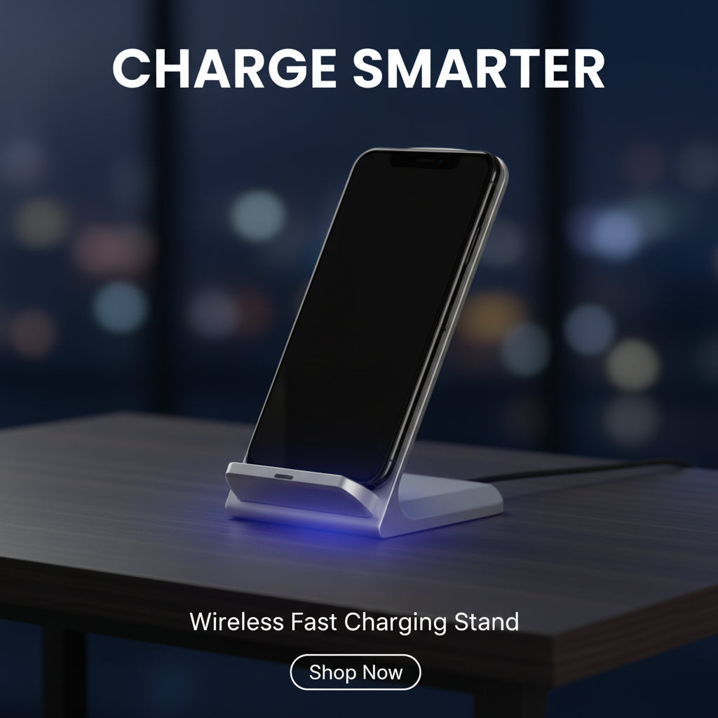 Silver wireless charging stand with 'CHARGE FASTER' text on a white background