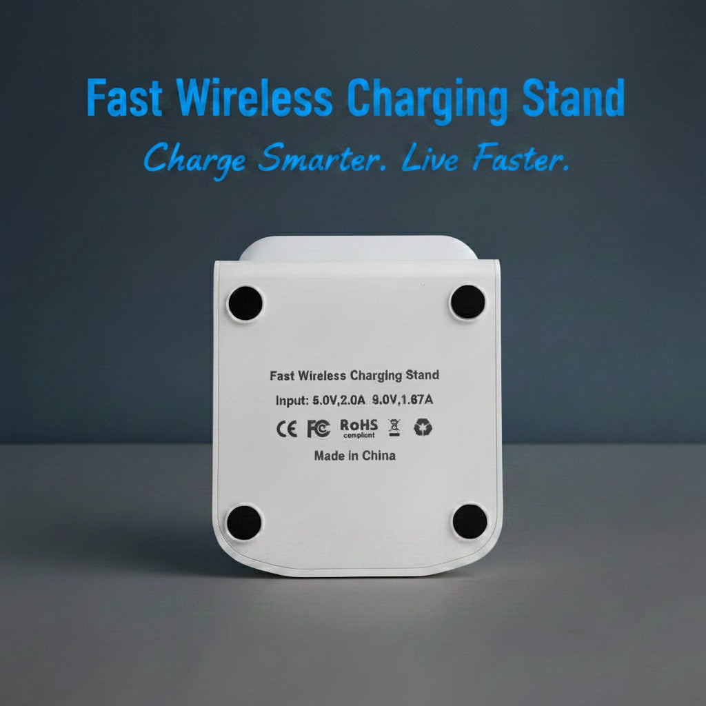 Fast wireless charging stand with text on a gray background