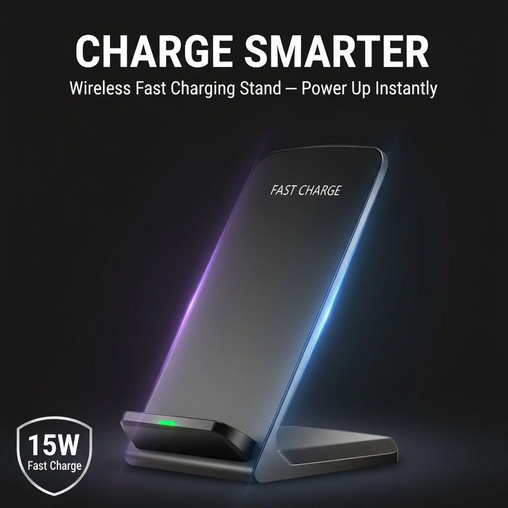Wireless fast charging stand with 'FAST CHARGER' text on a dark background