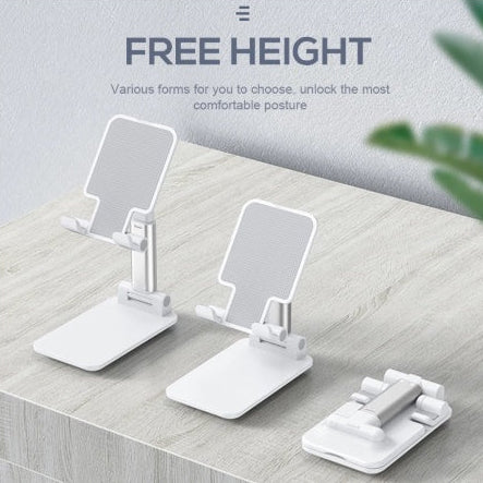 Three adjustable phone stands on a wooden surface with a light gray background.