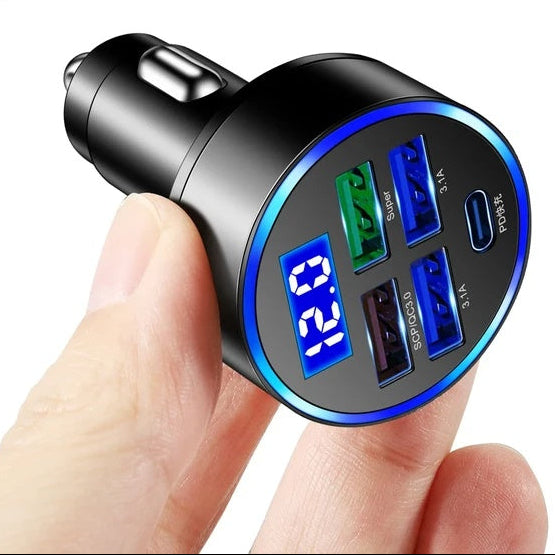 Car charger with digital display on a white backround