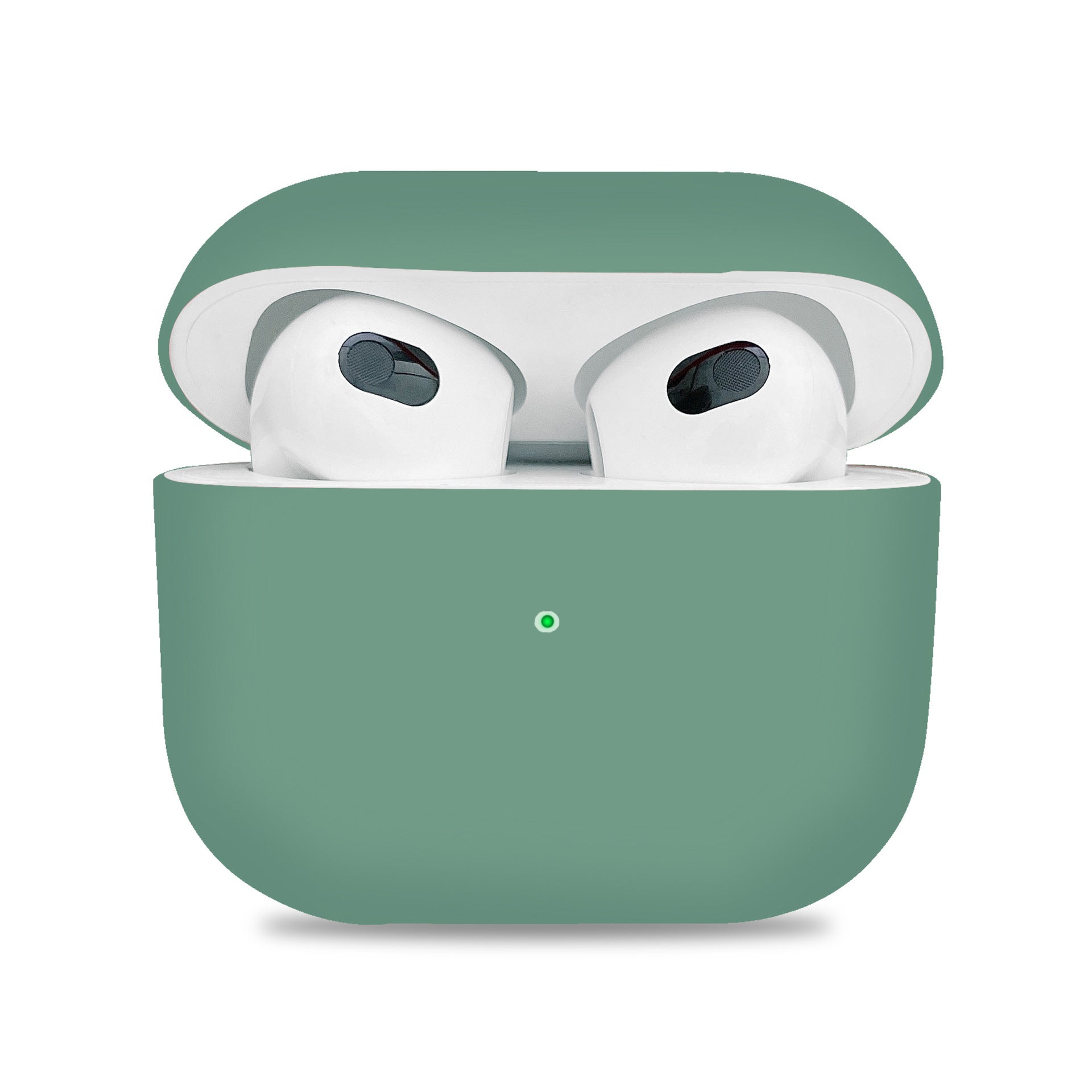 Sage wireless earbuds in their charging case on a white background