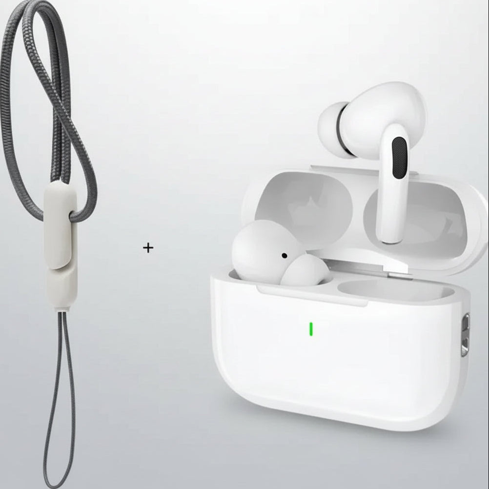 White wireless earbuds with charging case and lanyard on a light gray background