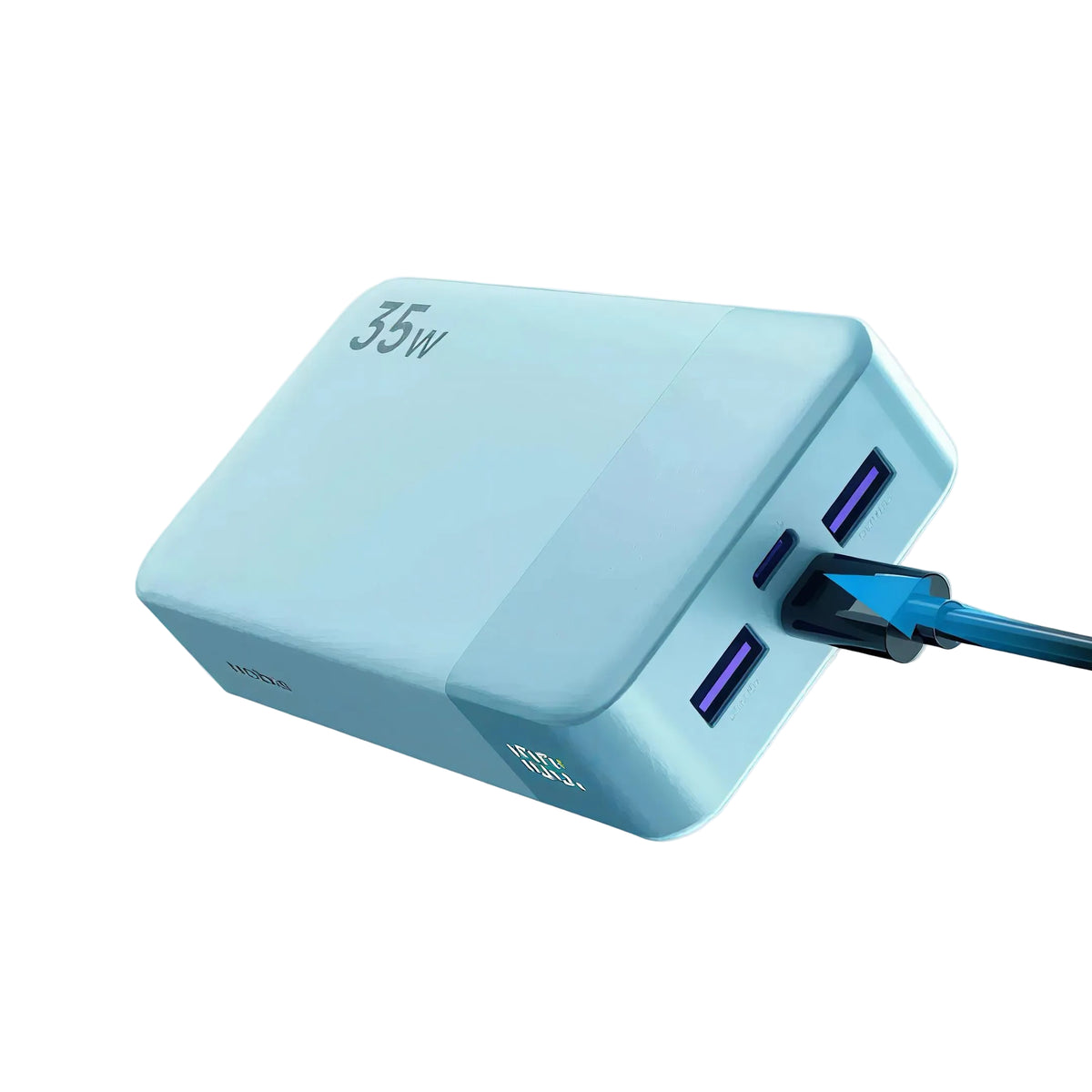 Cyan 35W portable power bank featuring dual USB-C ports with plugged blue charging cable on plain white backdrop