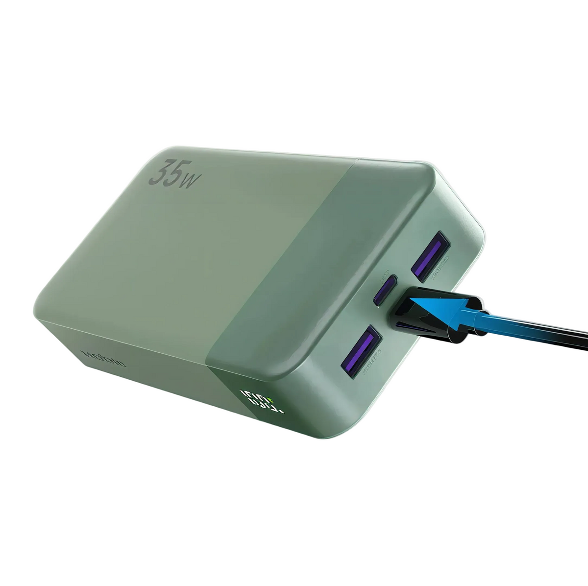 Mint green 35W multi port portable battery charger with USB A and USB C outputs connected to charging cable