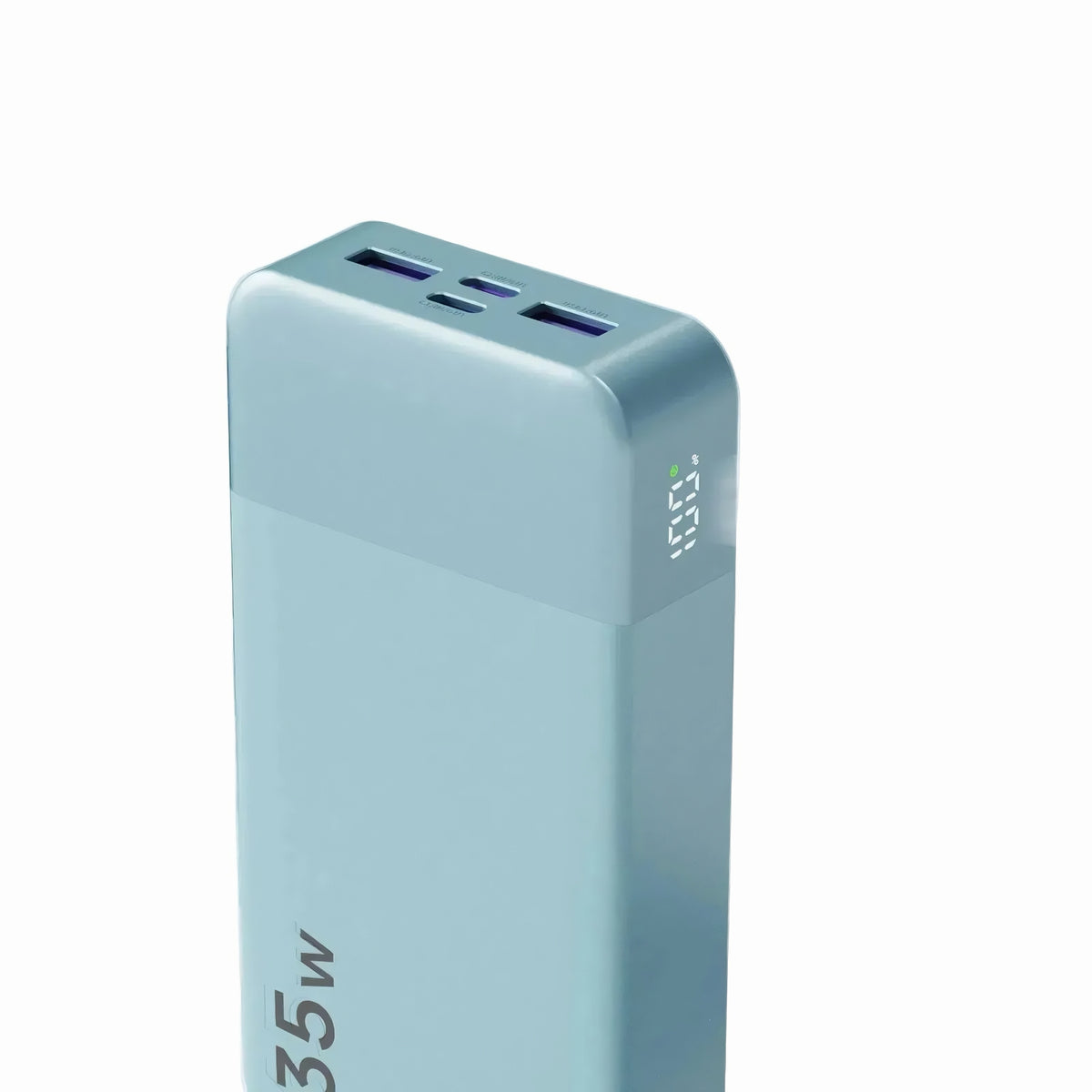 Upright cyan 35W external power bank showing digital LED battery level screen and top USB ports
