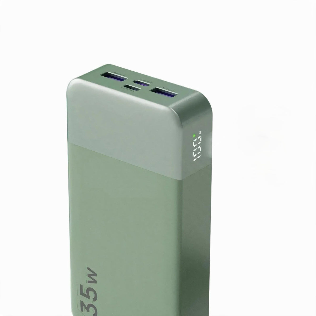 Mint green 35W fast charging power bank standing vertically with illuminated digital percentage screen and triple output ports
