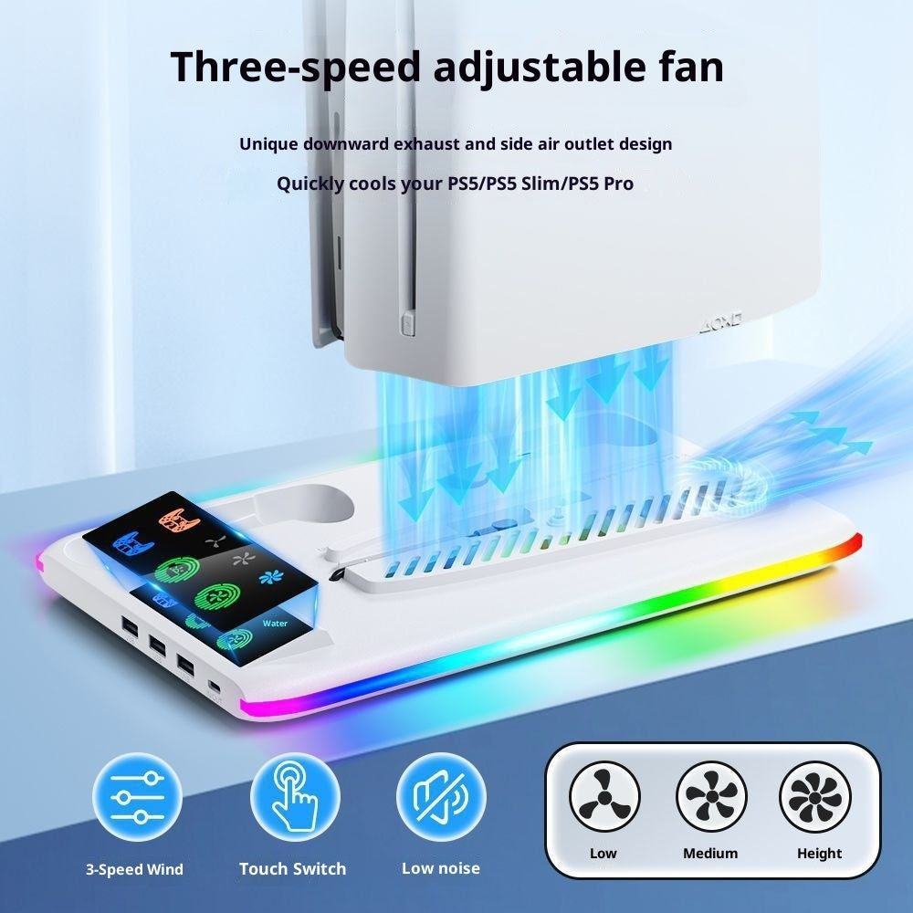 Three-speed adjustable fan with smartphone cooling feature on a blue surface
