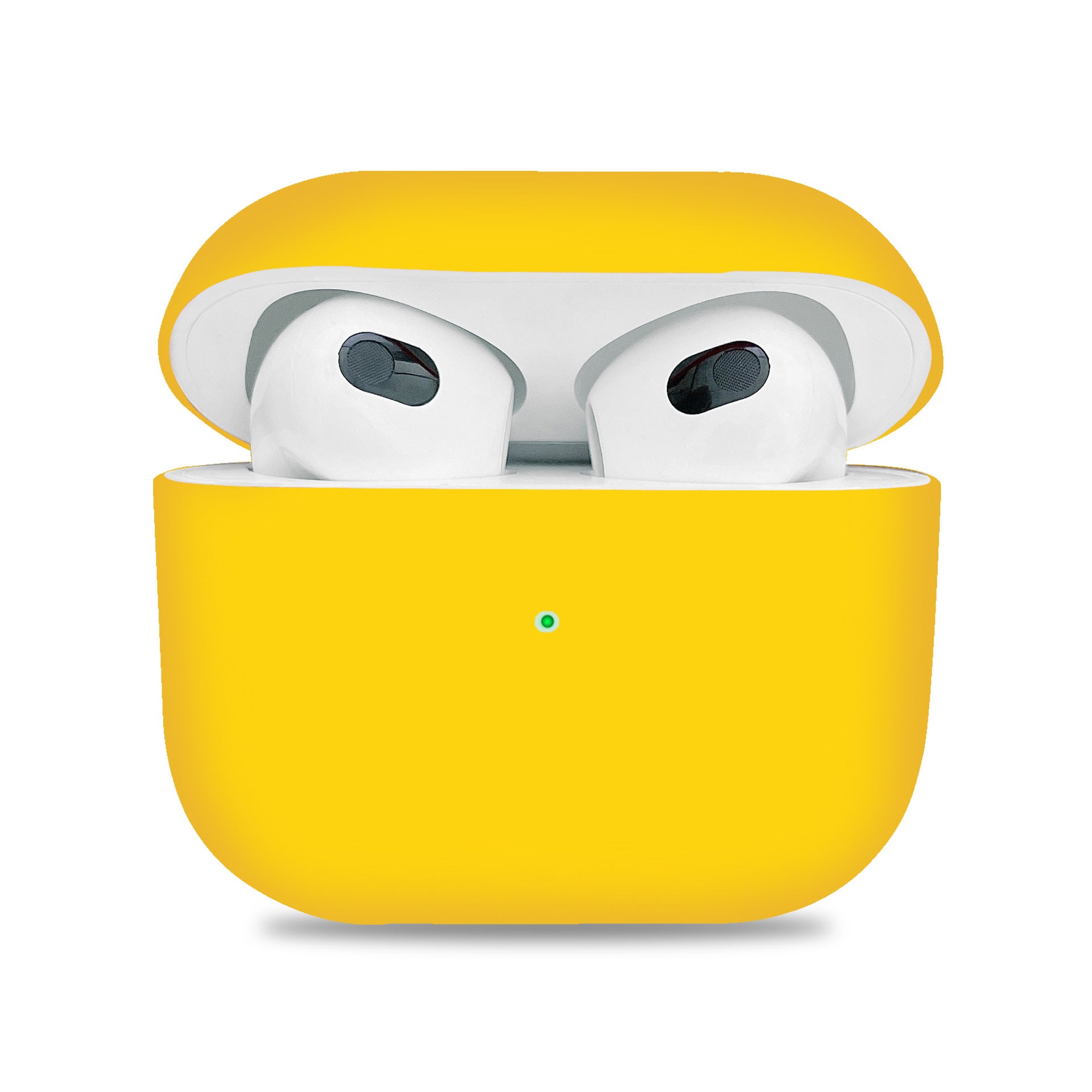 Yellow wireless earbuds case with white earbuds on a white background