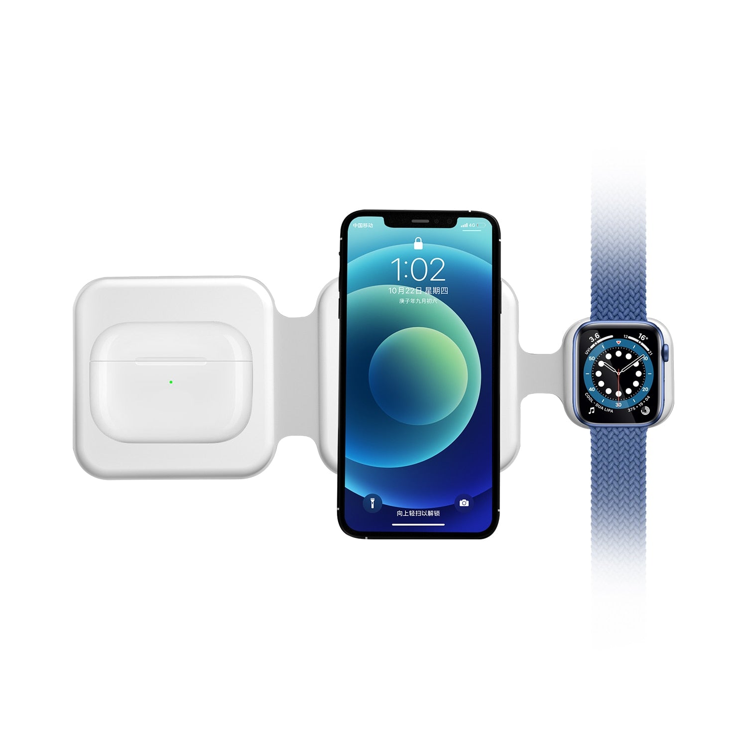 Smartphone, smartwatch, and wireless earbuds on a white background