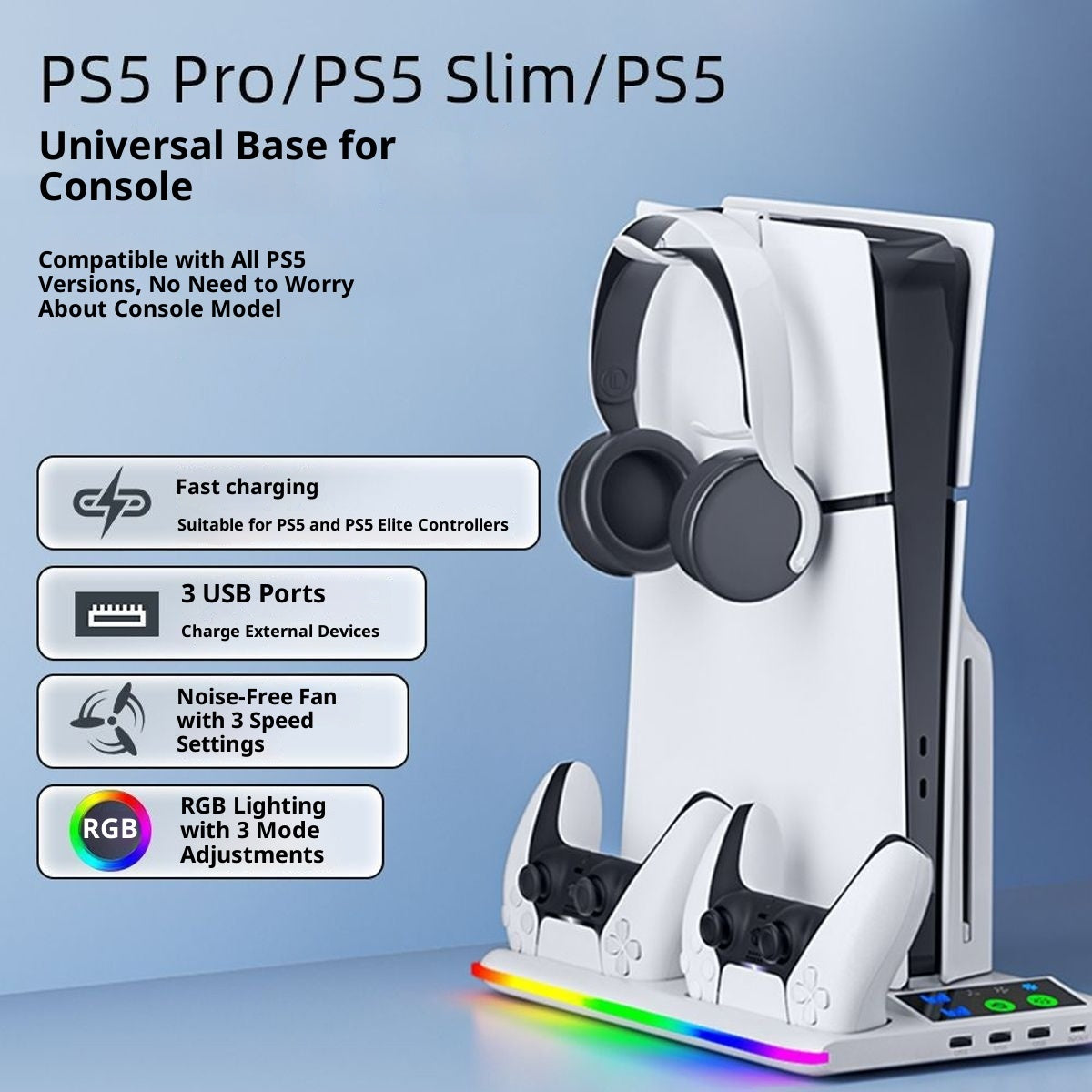 PS5 Pro/PS5 Slim universal base for console with charging and RGB features on a blue background