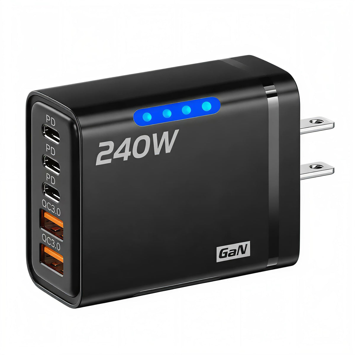 Black 240W 5-in-1 GaN USB fast charger with US plug