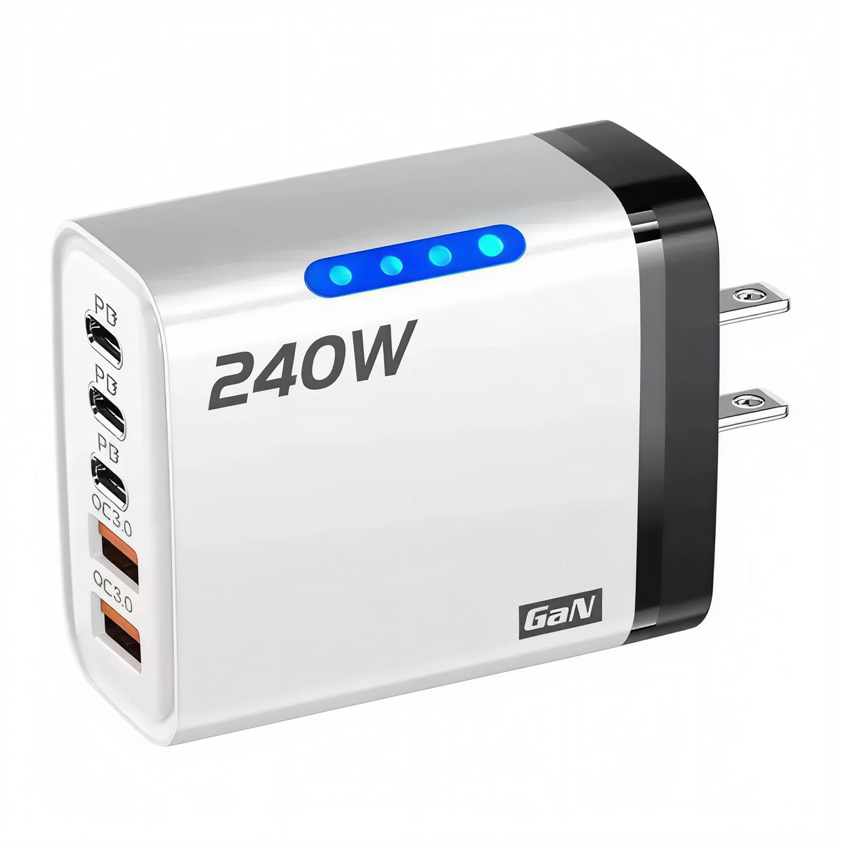 White 240W 5-in-1 GaN USB fast charger with US plug