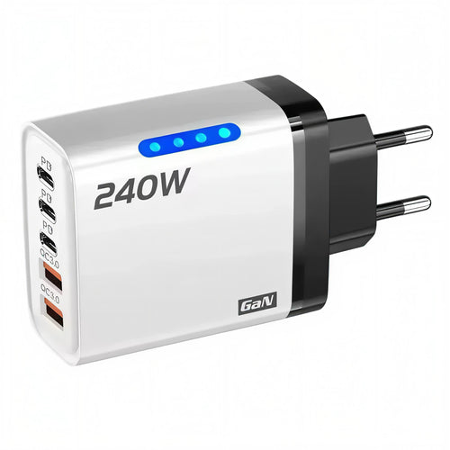 White 240W 5-in-1 GaN USB fast charger with EU plug