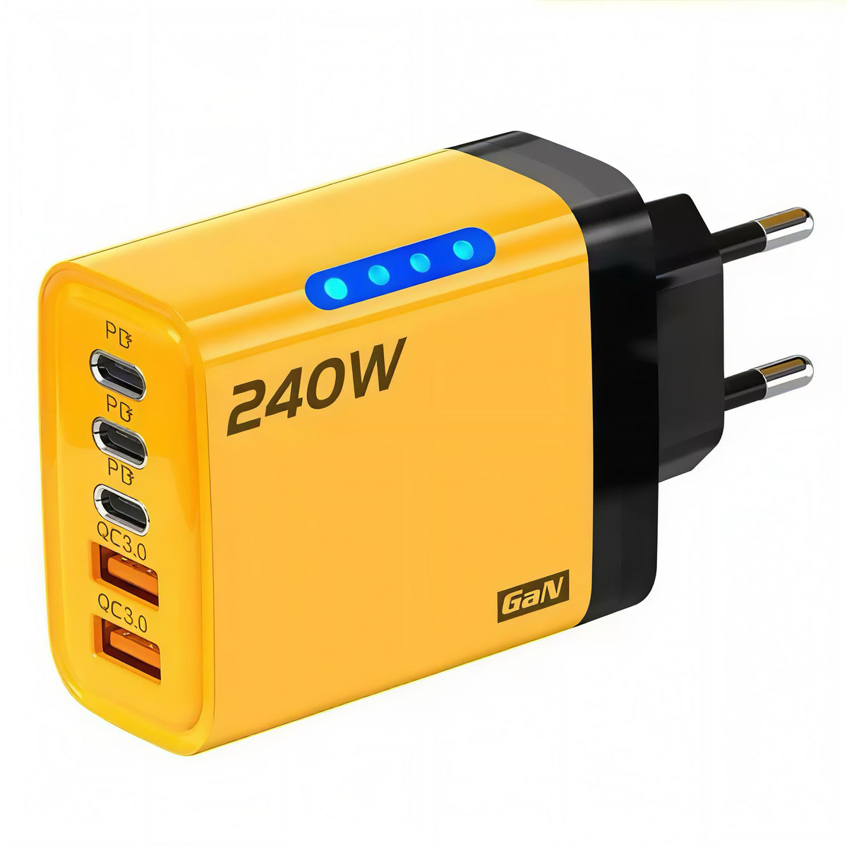 Yellow 240W 5-in-1 GaN USB fast charger with EU plug