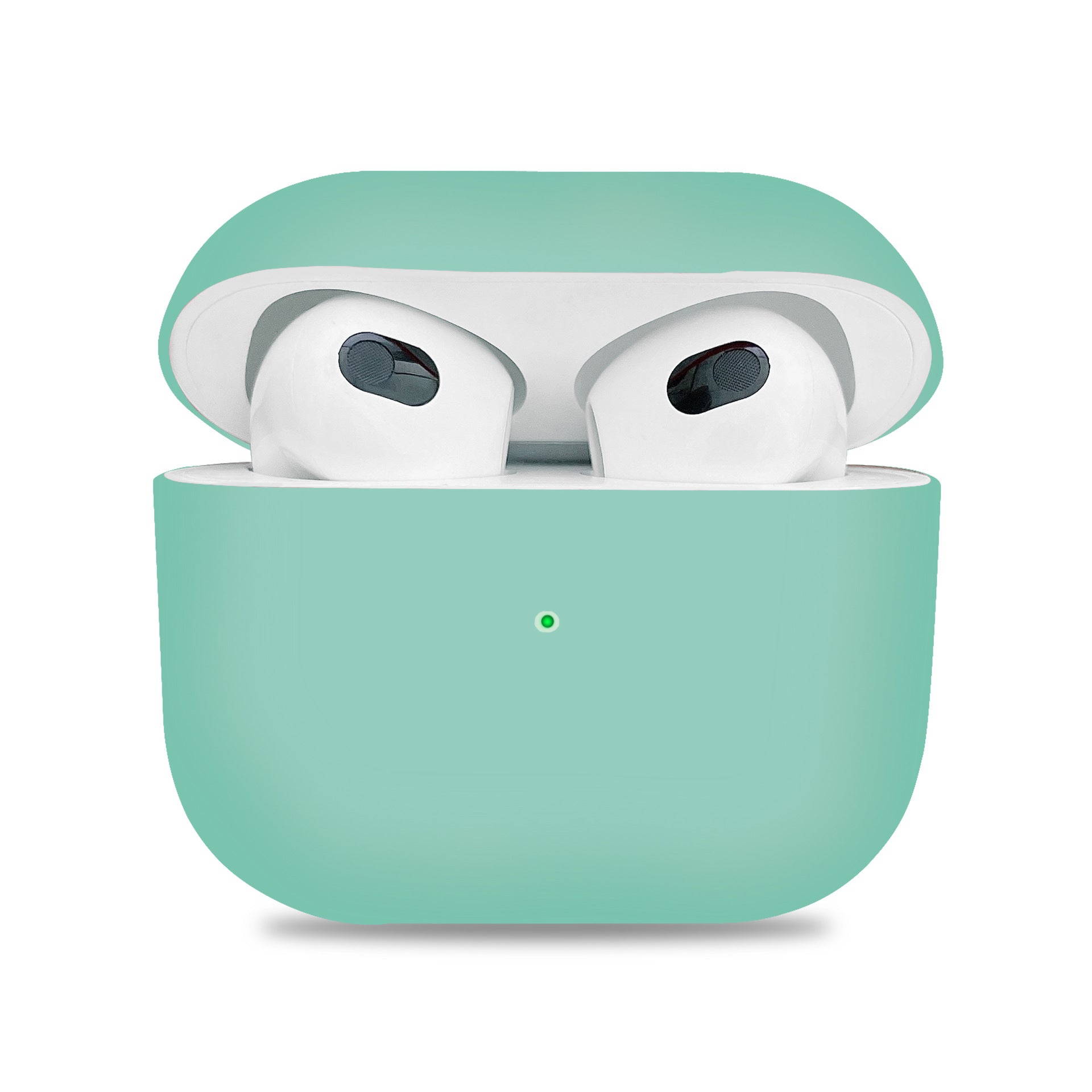 Wireless earbuds in a matching mint case on a white background