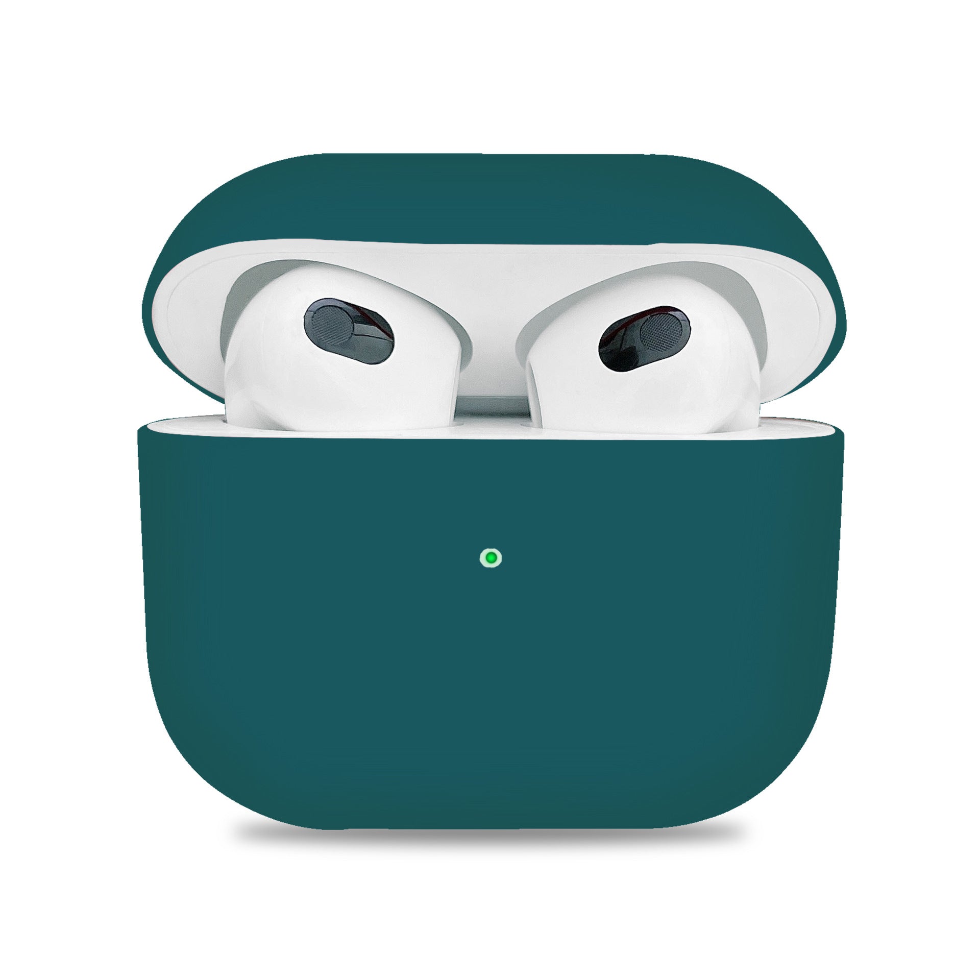 Dark teal wireless earbuds case with white earbuds on a white background