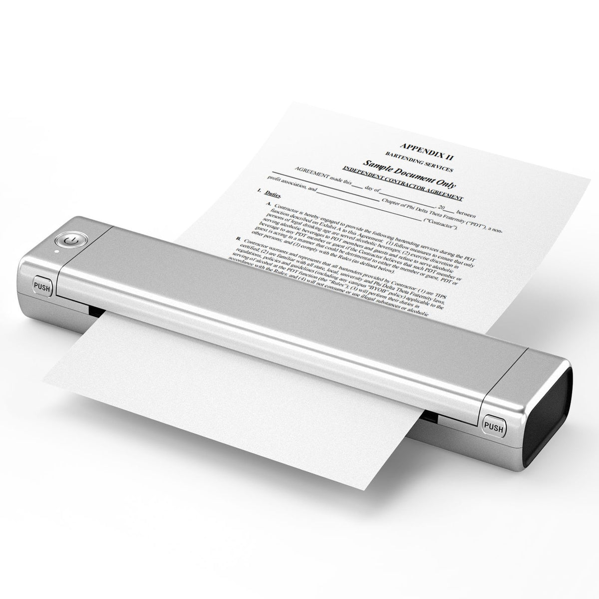 Handheld printer with a document on a white background