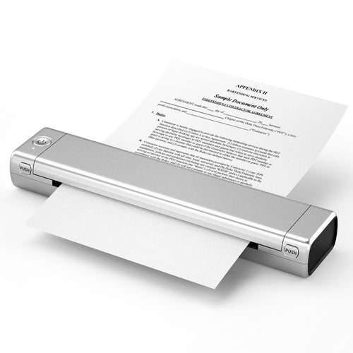 Handheld printer with a document on a white background