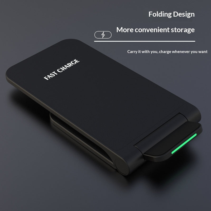 A black folding wireless charger with a green LED light indicator, shown on a dark gray background with promotional text overlays.