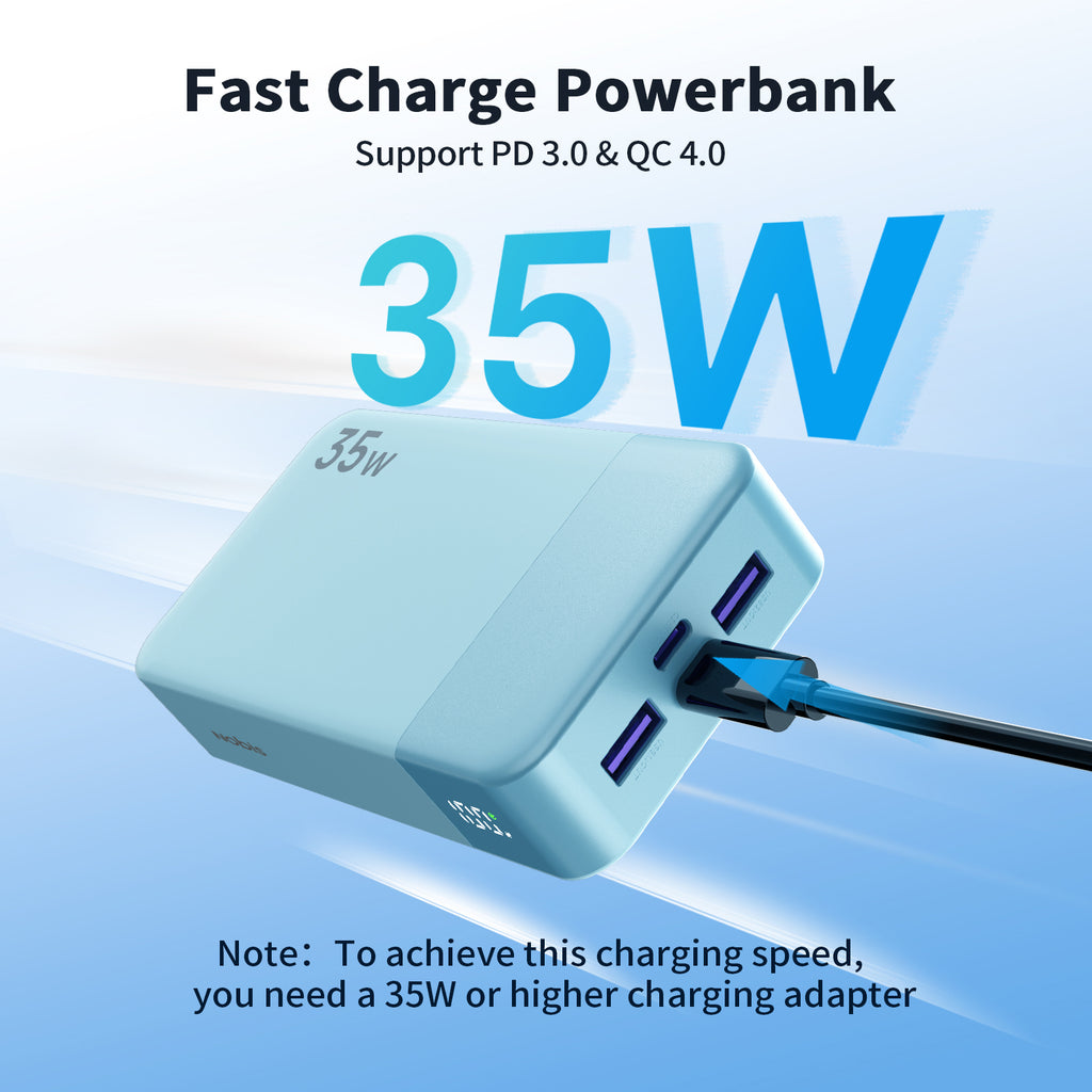 A cyan 35W fast charging power bank with two USB-C ports, one of which is plugged in, shown on a blue gradient background with promotional text.