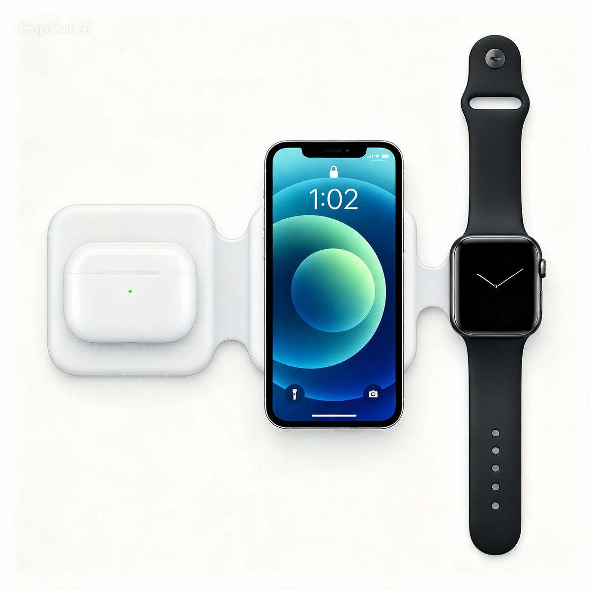 Flat top view of 3-in-1 foldable MagSafe charging pad with iPhone, AirPods, and Apple Watch