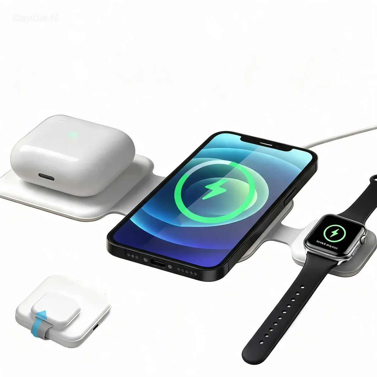 White 3-in-1 foldable MagSafe charging pad charging iPhone, Apple Watch, and AirPods