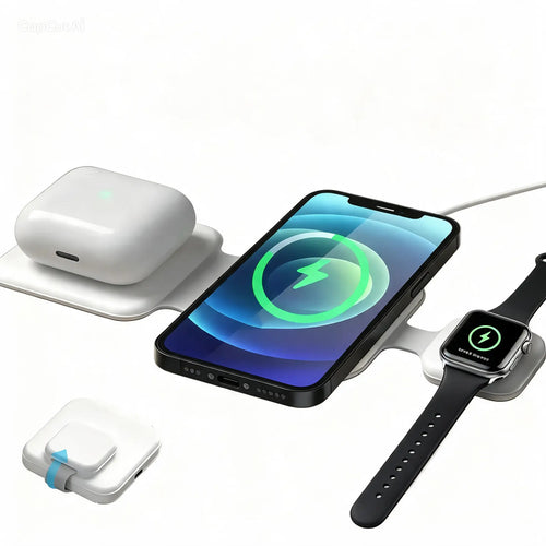 White 3-in-1 foldable MagSafe charging pad charging iPhone, Apple Watch, and AirPods