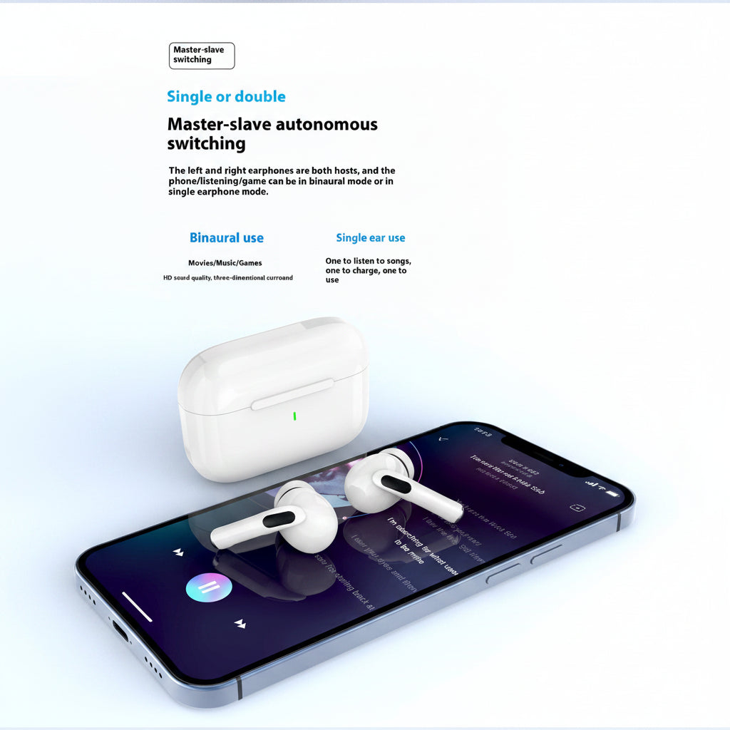 White wireless earbuds with charging case on a smartphone displaying music app interface.
