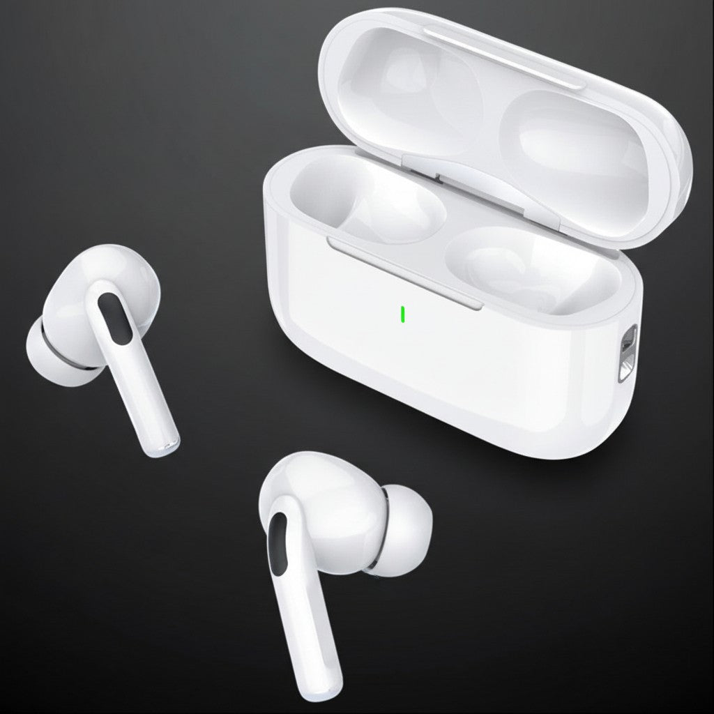 White wireless earbuds with charging case on a dark background