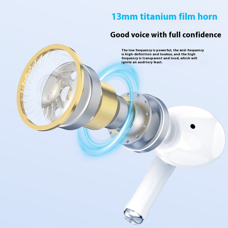 Close-up of a white earbud with a gold and silver titanium film horn on a light blue background.