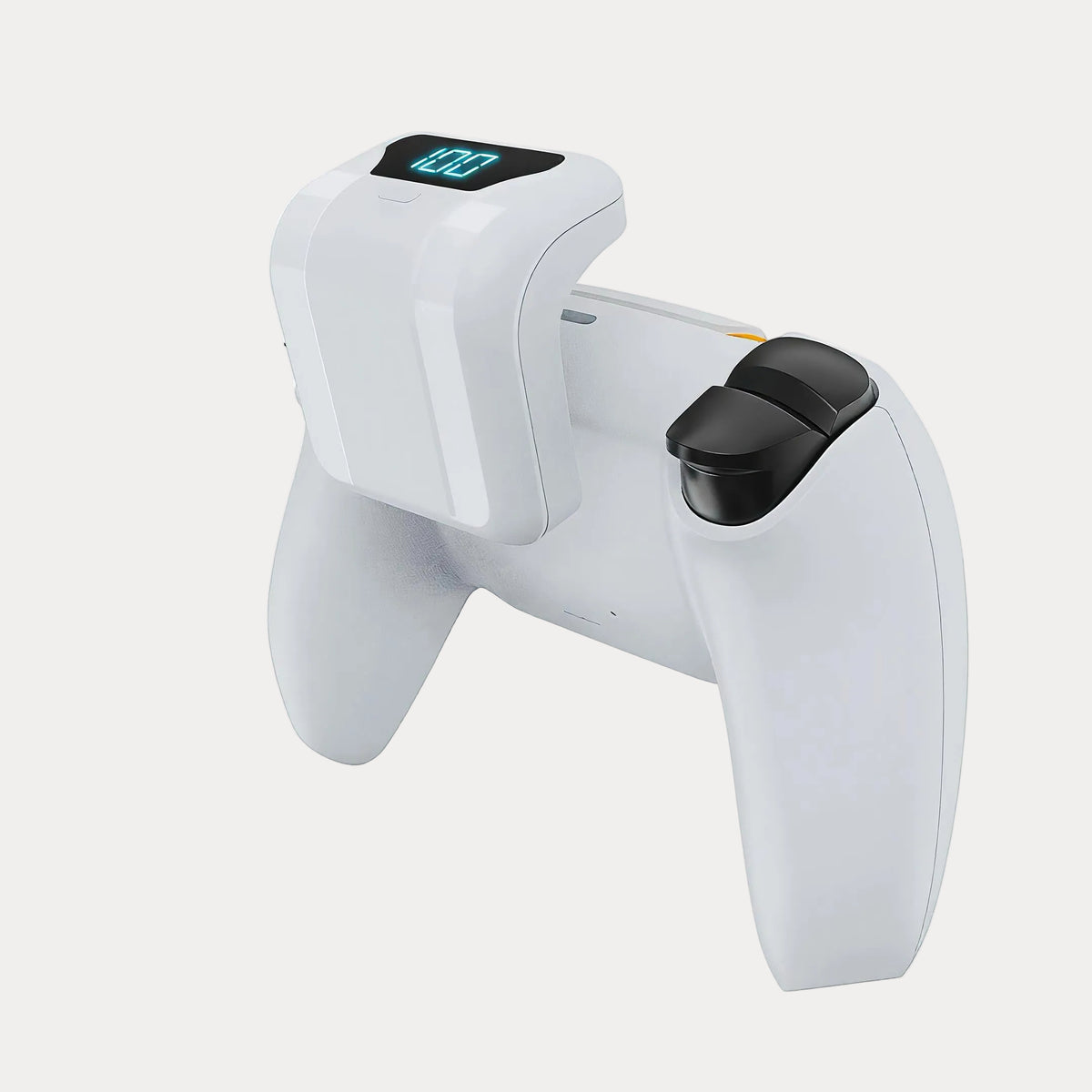 A PS5 controller and a power bank with digital display on a light gray backround.