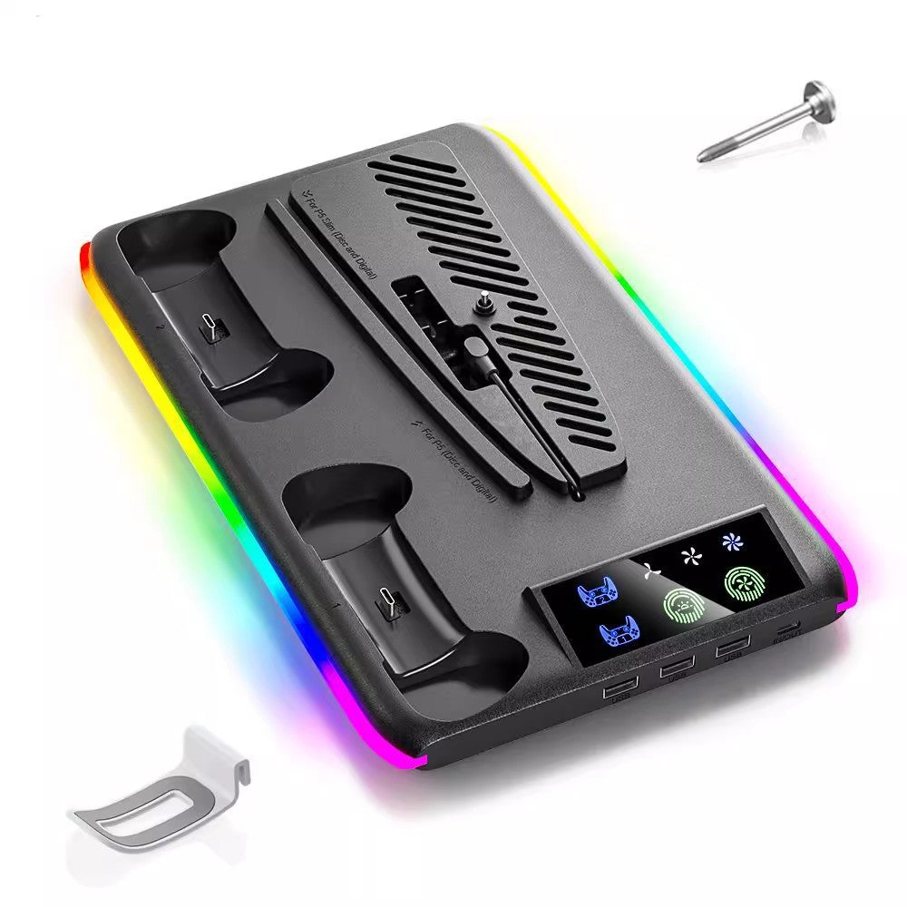 Gaming console stand with RGB lighting and control buttons on a white background
