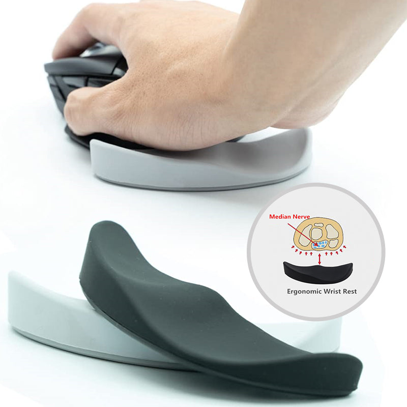 Ergonomic wrist rest being used with a computer mouse, showing a close-up of the product and an inset diagram.